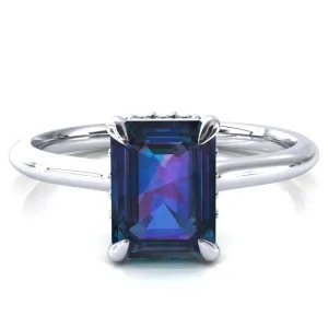 Janey Emerald Alexandrite 4 Prongs Claw Floating Halo Inverted Cathedral Ring