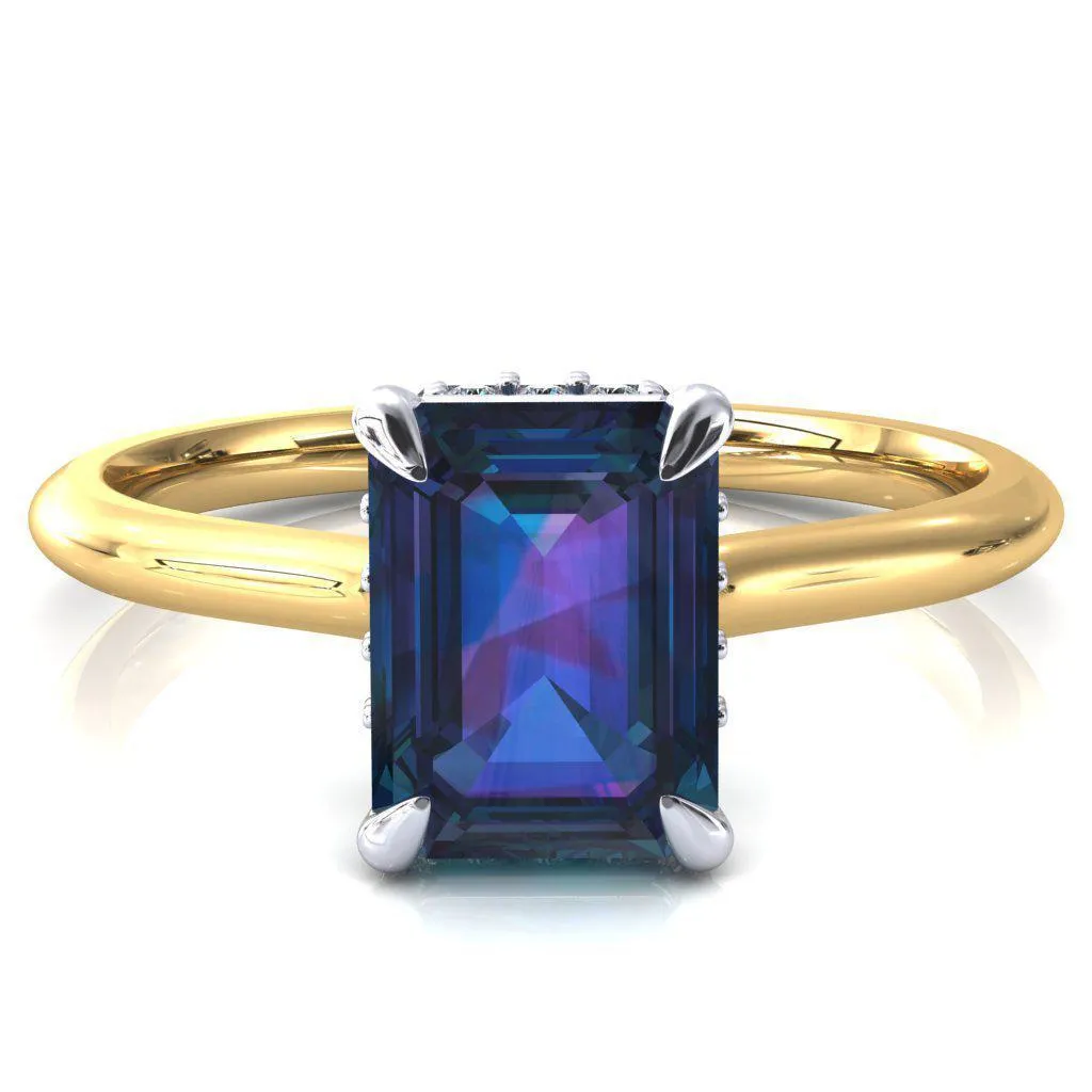 Janey Emerald Alexandrite 4 Prongs Claw Floating Halo Inverted Cathedral Ring