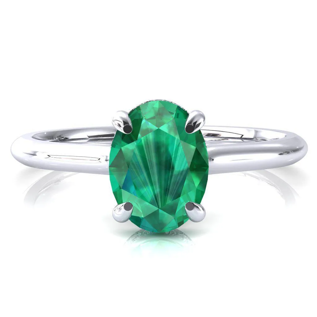 Janey Oval Emerald 4 Prongs Claw Floating Halo Inverted Cathedral Ring