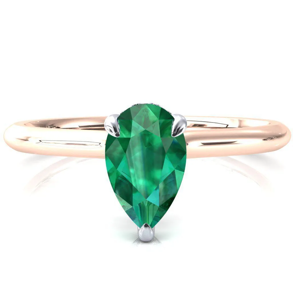 Janey Pear Emerald 3 Prongs Claw Floating Halo Inverted Cathedral Ring