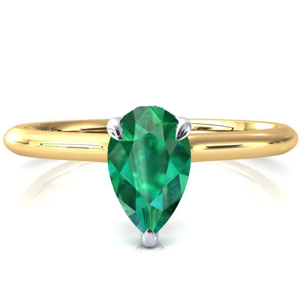 Janey Pear Emerald 3 Prongs Claw Floating Halo Inverted Cathedral Ring