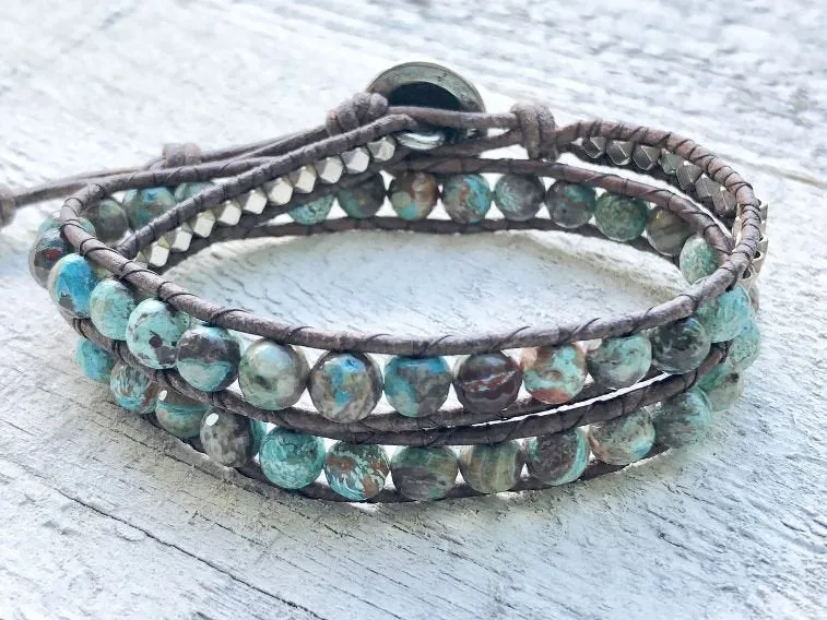 Jasper Bracelet - Jasper Wrap - Jasper Jewelry - Jasper and Silver - Double Wrap - Jasper Leather Wrap - Women's Jewelry - Men's Jewelry