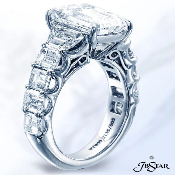 JB STAR PLATINUM AND DIAMOND RING FEATURING BEAUTIFUL 5.31CT EMERALD-CUT DIAMOND EMBRACED BY TRAPEZO