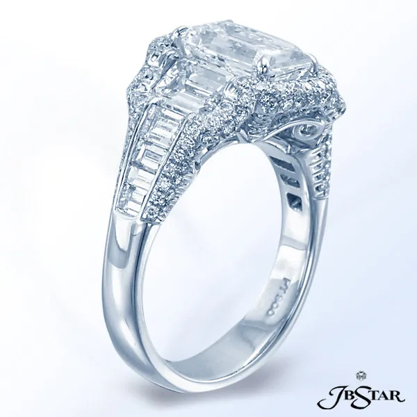 JB STAR PLATINUM DIAMOND RING FEATURING A STUNNING 2.43 CT EMERALD-CUT DIAMOND EMBRACED BY ADDITIONA