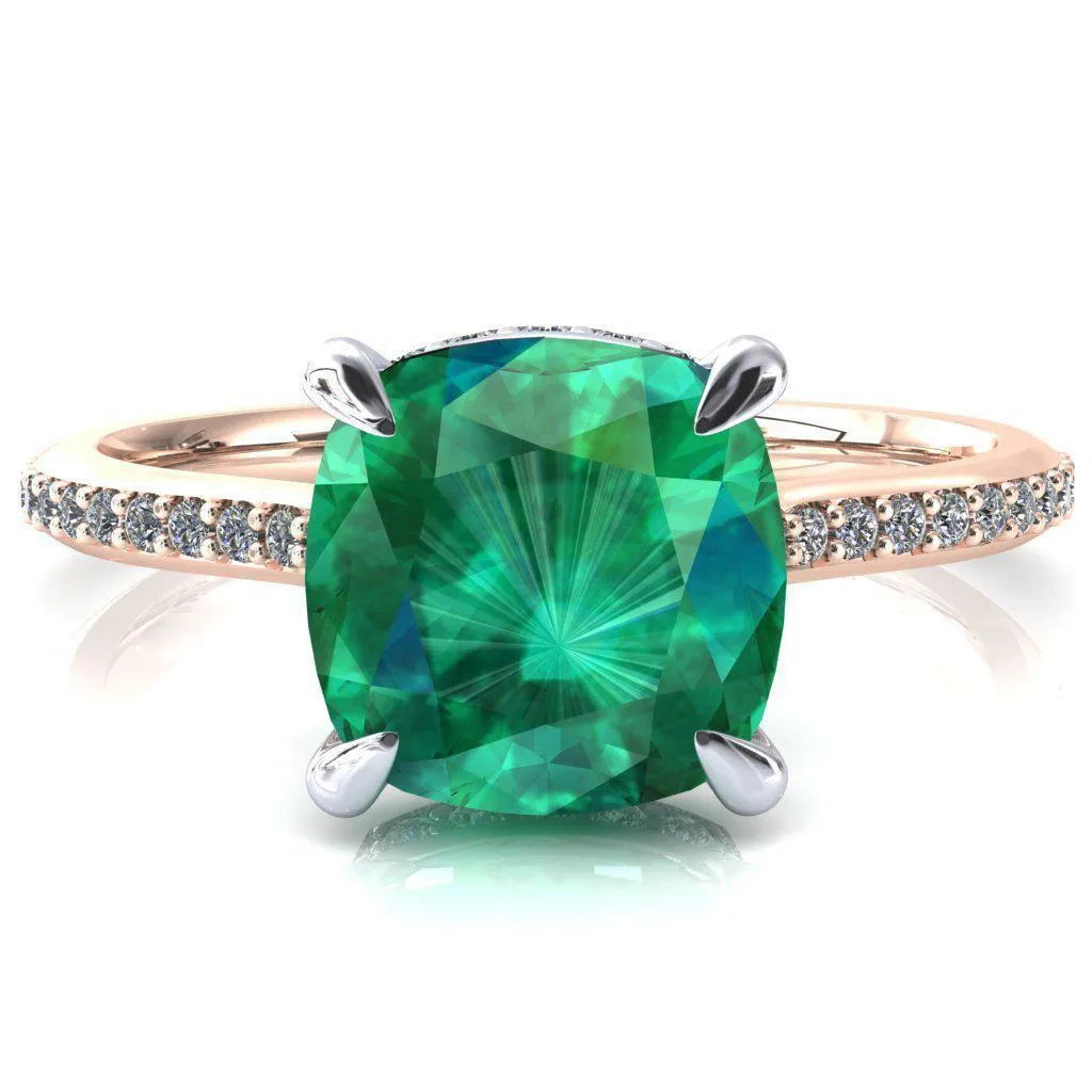 Kiki Cushion Emerald 4 Prongs Claw Floating Halo 1/2 Pinpoint Inverted Cathedral Ring