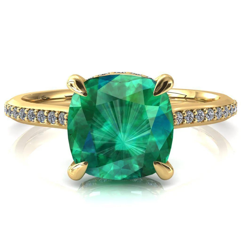 Kiki Cushion Emerald 4 Prongs Claw Floating Halo 1/2 Pinpoint Inverted Cathedral Ring