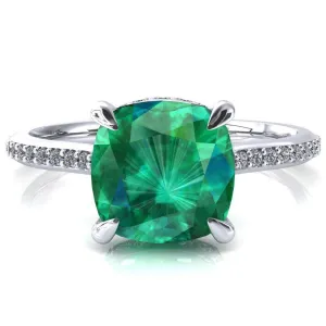 Kiki Cushion Emerald 4 Prongs Claw Floating Halo 1/2 Pinpoint Inverted Cathedral Ring