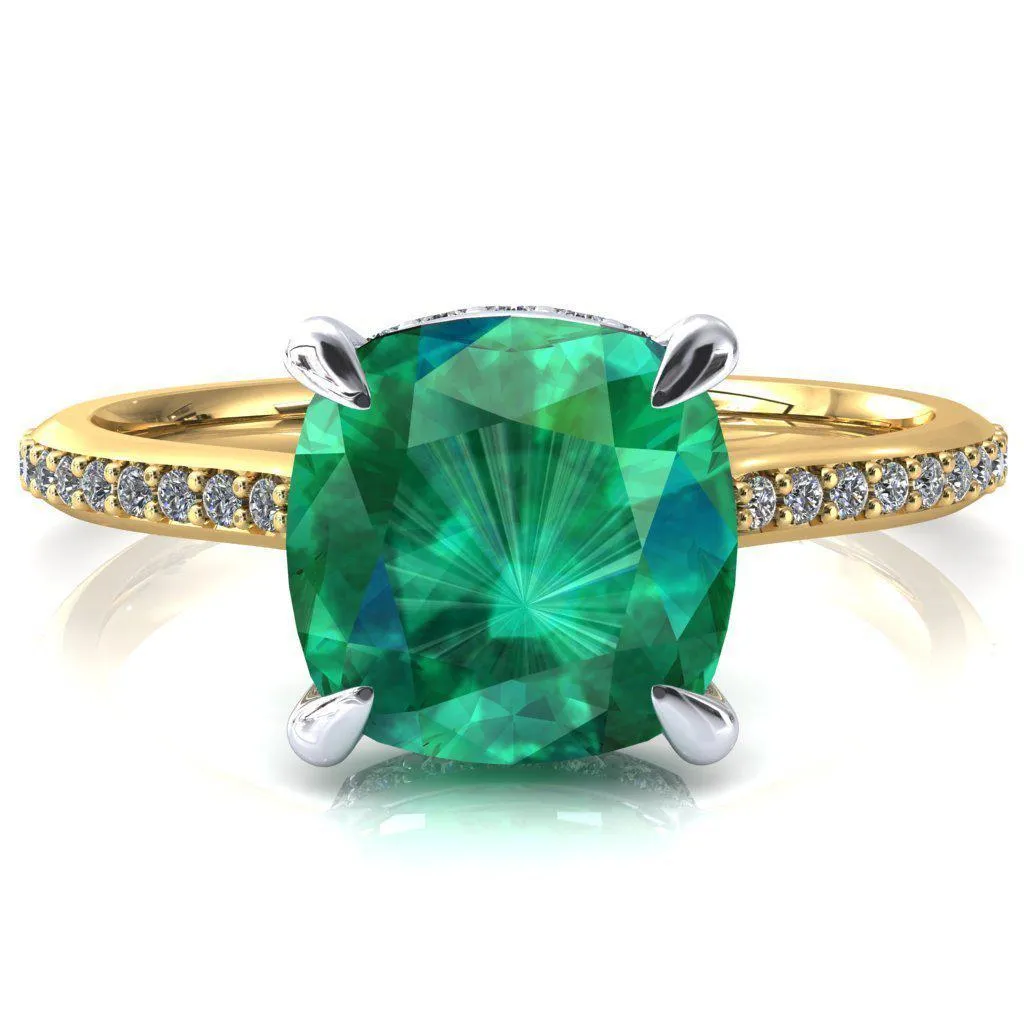 Kiki Cushion Emerald 4 Prongs Claw Floating Halo 1/2 Pinpoint Inverted Cathedral Ring