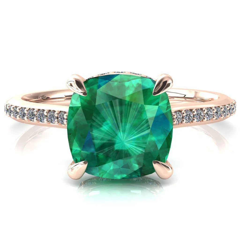 Kiki Cushion Emerald 4 Prongs Claw Floating Halo 1/2 Pinpoint Inverted Cathedral Ring