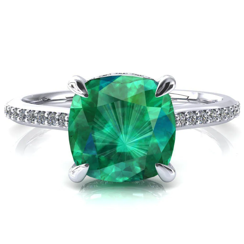 Kiki Cushion Emerald 4 Prongs Claw Floating Halo 1/2 Pinpoint Inverted Cathedral Ring