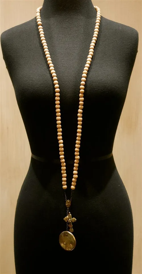 Kimmie Winter Tan Bead Rosary Necklace