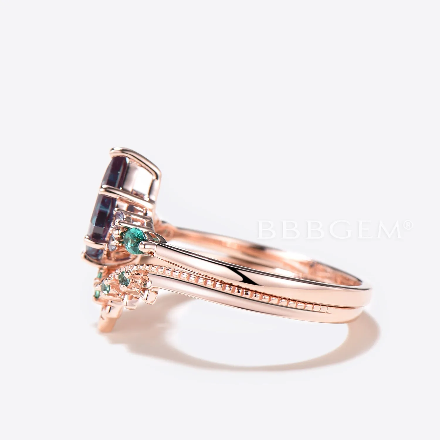 Kite Cut Color-change Alexandrite Cluster Engagement Ring Emerald Crown Bridal Set