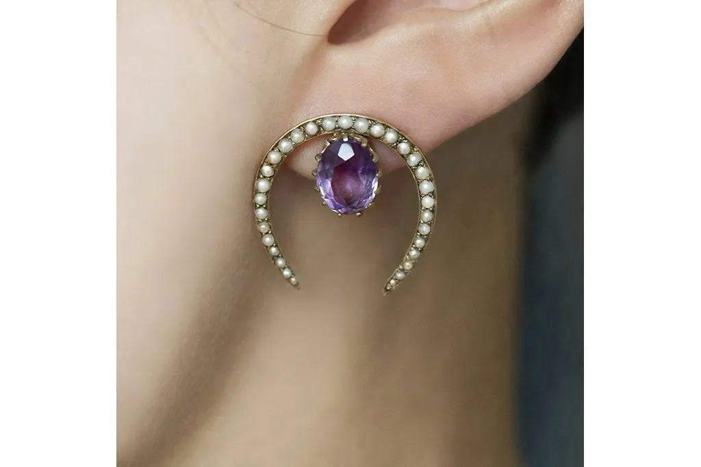 Large Victorian Pearl Horseshoe & Amethyst Single Stud Earring
