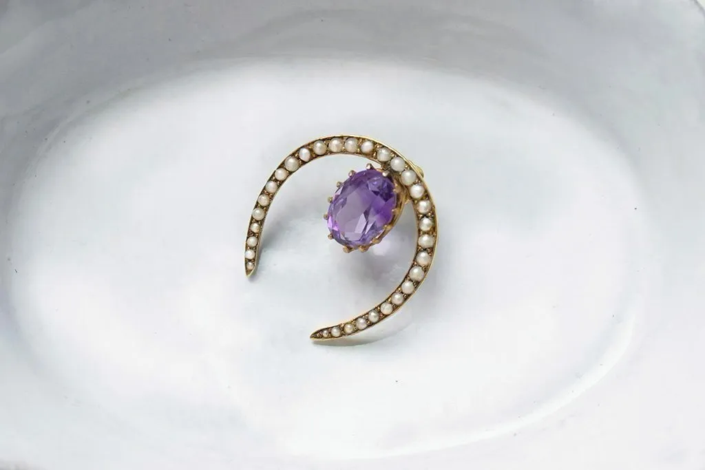 Large Victorian Pearl Horseshoe & Amethyst Single Stud Earring
