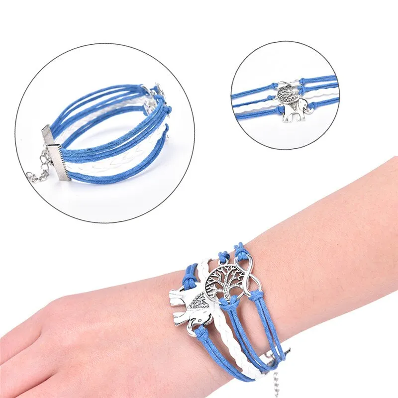 Leather Rope Elephant Trees Charm Bracelet