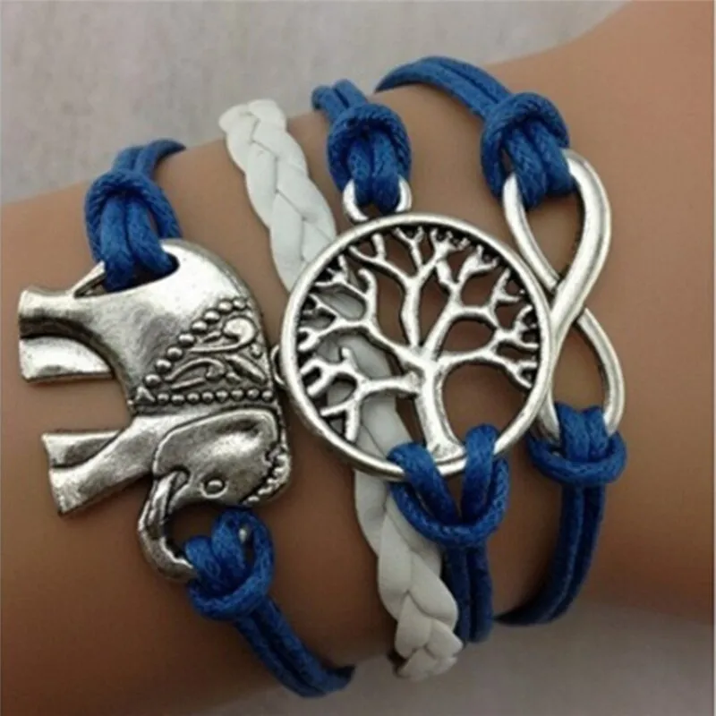 Leather Rope Elephant Trees Charm Bracelet