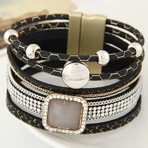 LEMOER Boho Women Fashion Gem Rhinestone Magnetic Leather Bracelets&Bangle Bohemian Handmade Wristband jewelry pulseira feminina