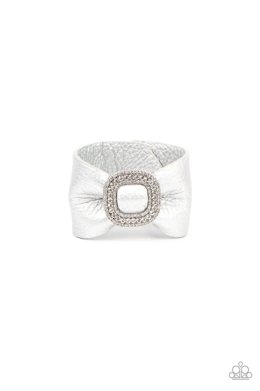 Lights, SELFIE, Action - Silver - Rhinestone Buckle Leather Bow Paparazzi Wrap Bracelet