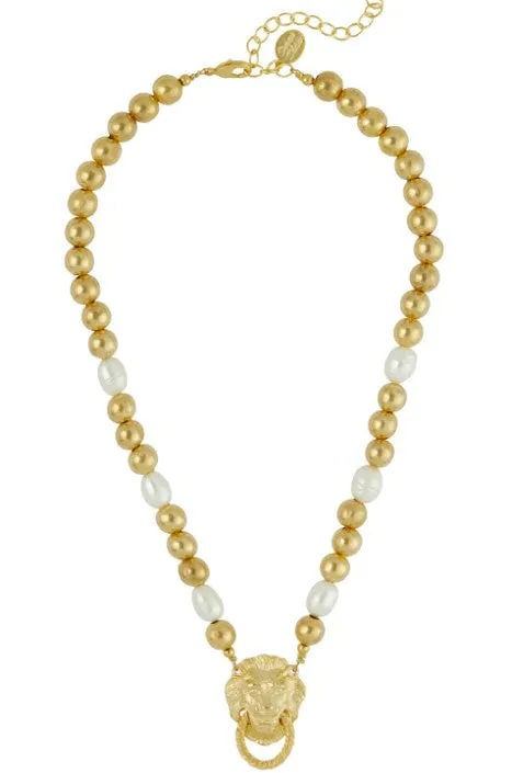 Lion Knocker on Pearl and Gold Bead Necklace