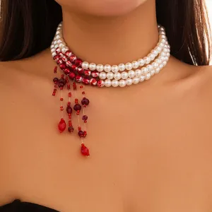 lusailstore - Red Blood Pattern Pearl Tassel Necklace