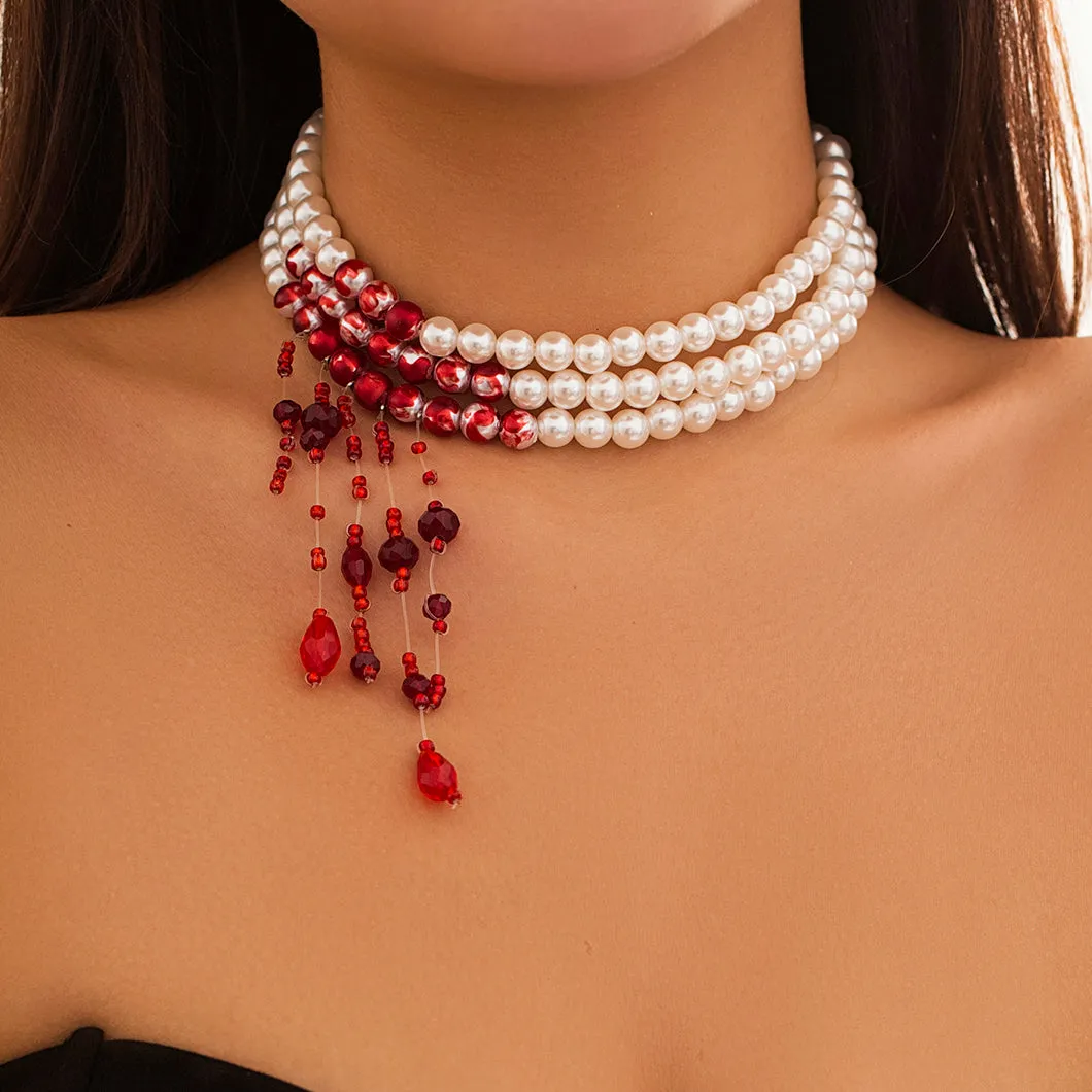 lusailstore - Red Blood Pattern Pearl Tassel Necklace
