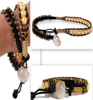 Macrame double wrap bracelet, boho chic, black leather, The chocolate cosmos bracelet