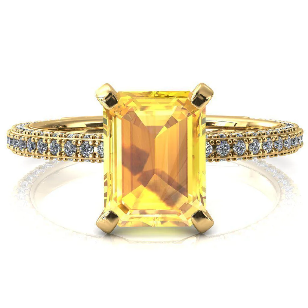 Mariyah Emerald Yellow Sapphire 4 Prong 3/4 Eternity 3 Sided Diamond Shank Engagement Ring
