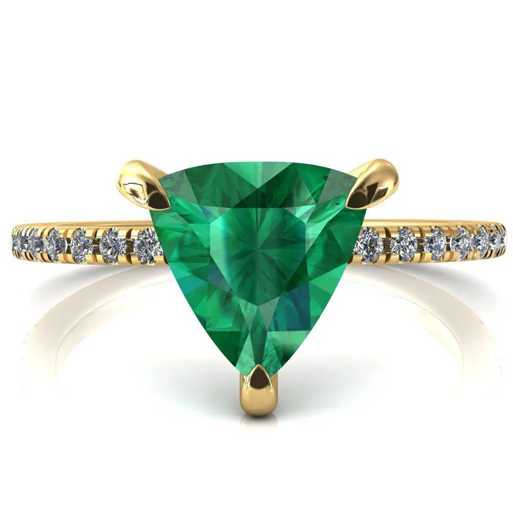 Mayeli Trillion Emerald 3 Claw Prong Micro Pave Diamond Sides Engagement Ring