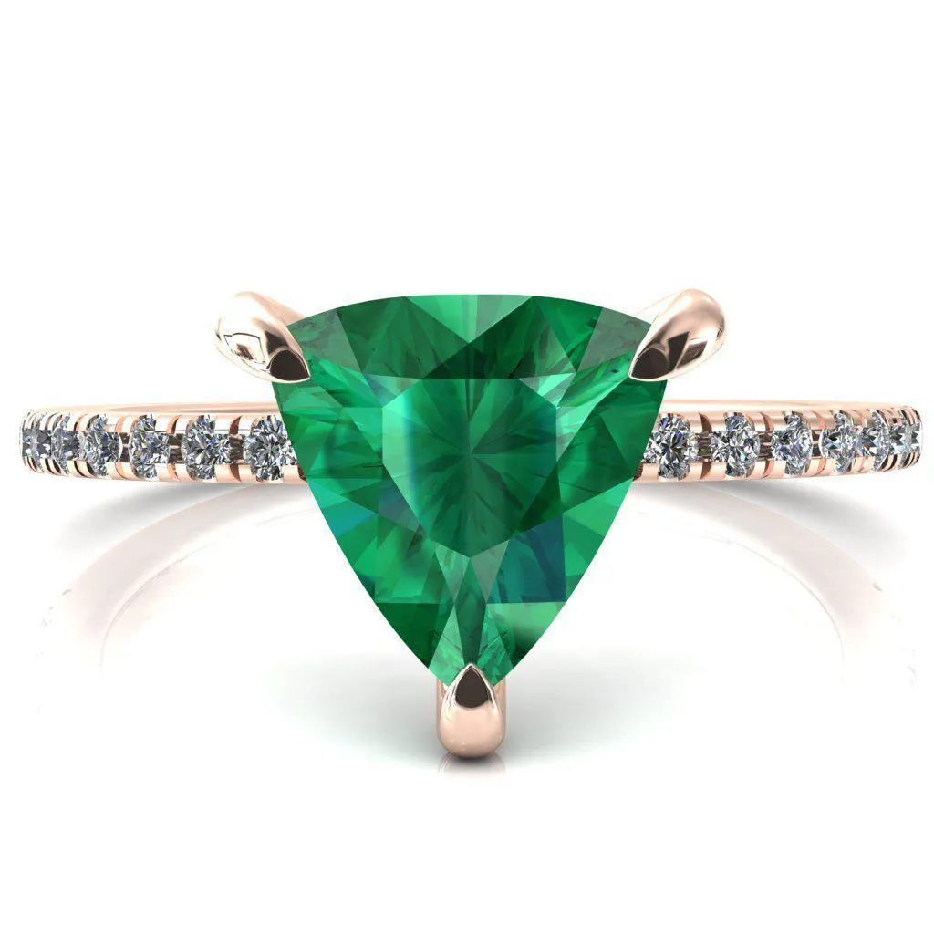 Mayeli Trillion Emerald 3 Claw Prong Micro Pave Diamond Sides Engagement Ring