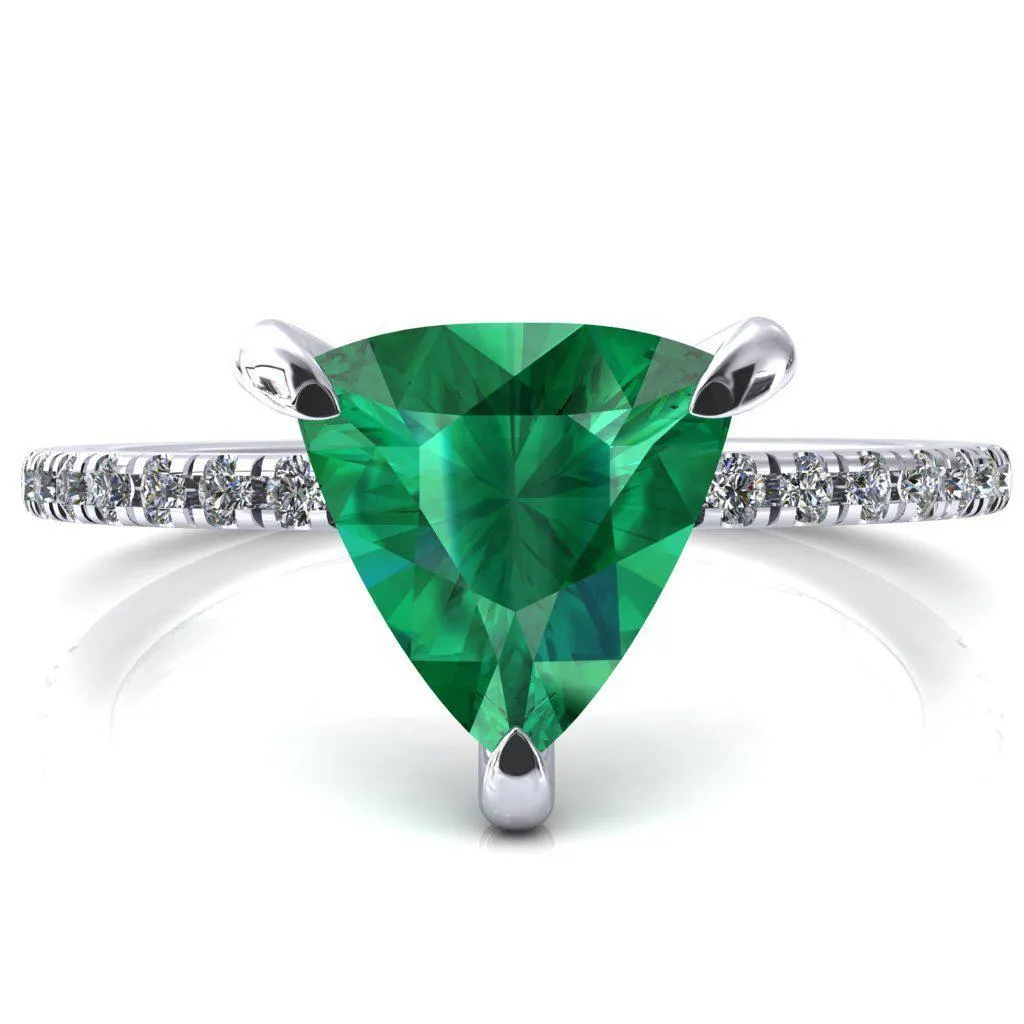 Mayeli Trillion Emerald 3 Claw Prong Micro Pave Diamond Sides Engagement Ring