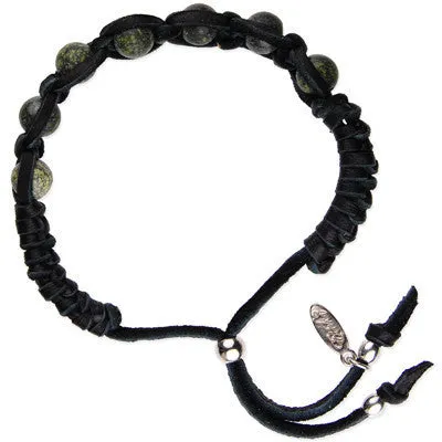 Mens Green Marble Faceted Bead and Metal Spacers Stretch Bracelet