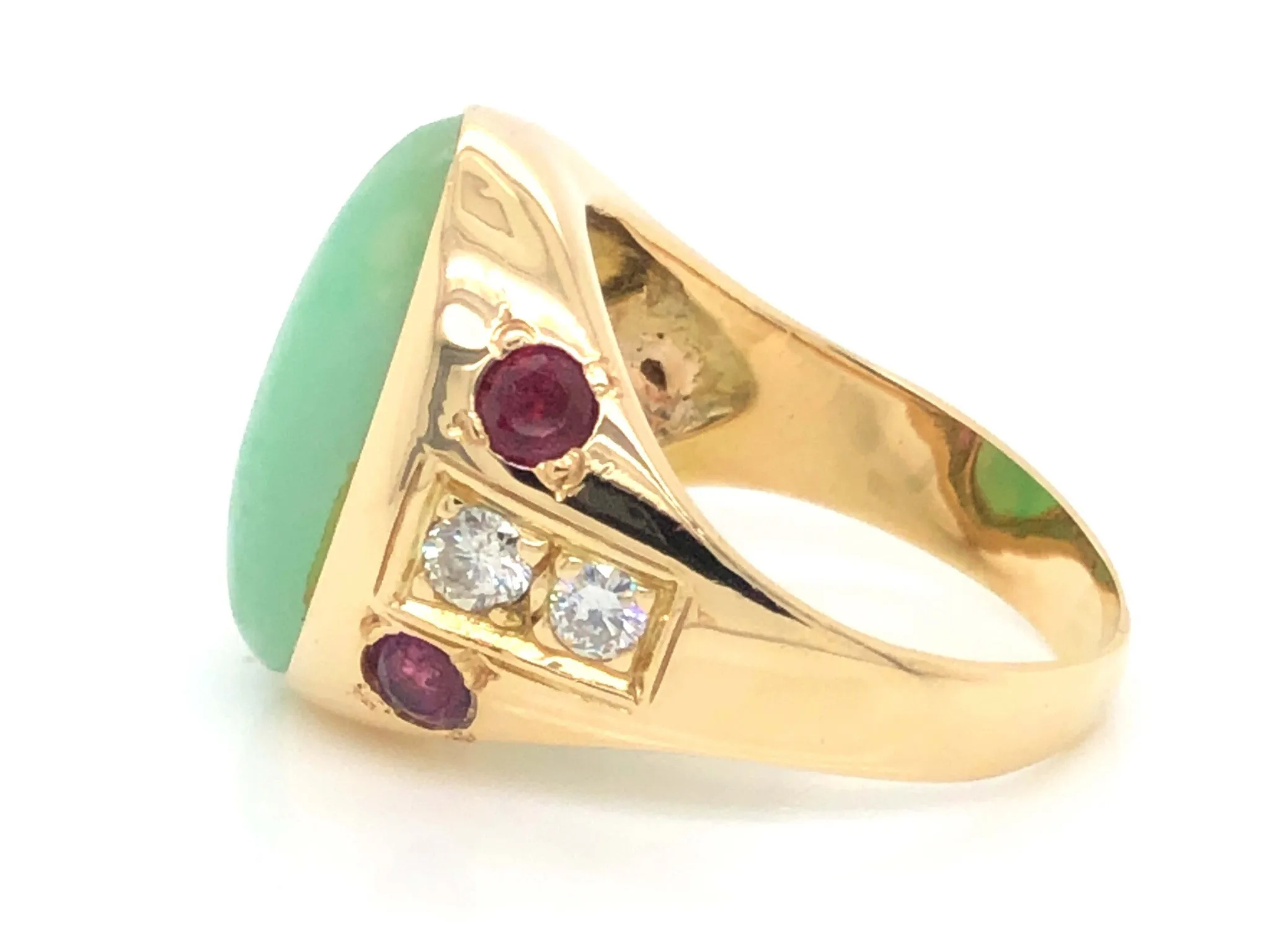 Men's Oval Pale Mottled Green Jade, Diamond and Ruby Ring - 14k Yellow Gold