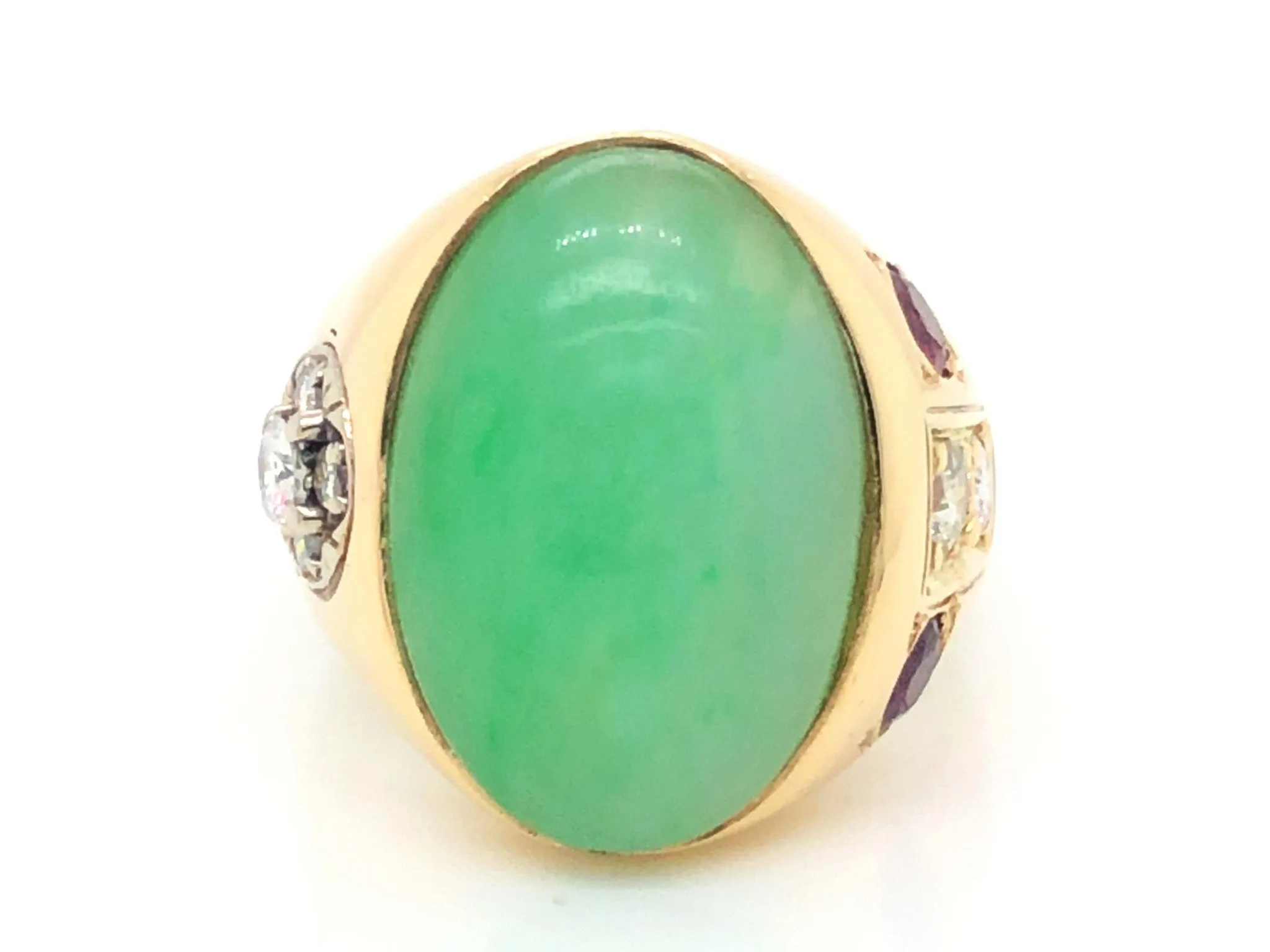 Men's Oval Pale Mottled Green Jade, Diamond and Ruby Ring - 14k Yellow Gold