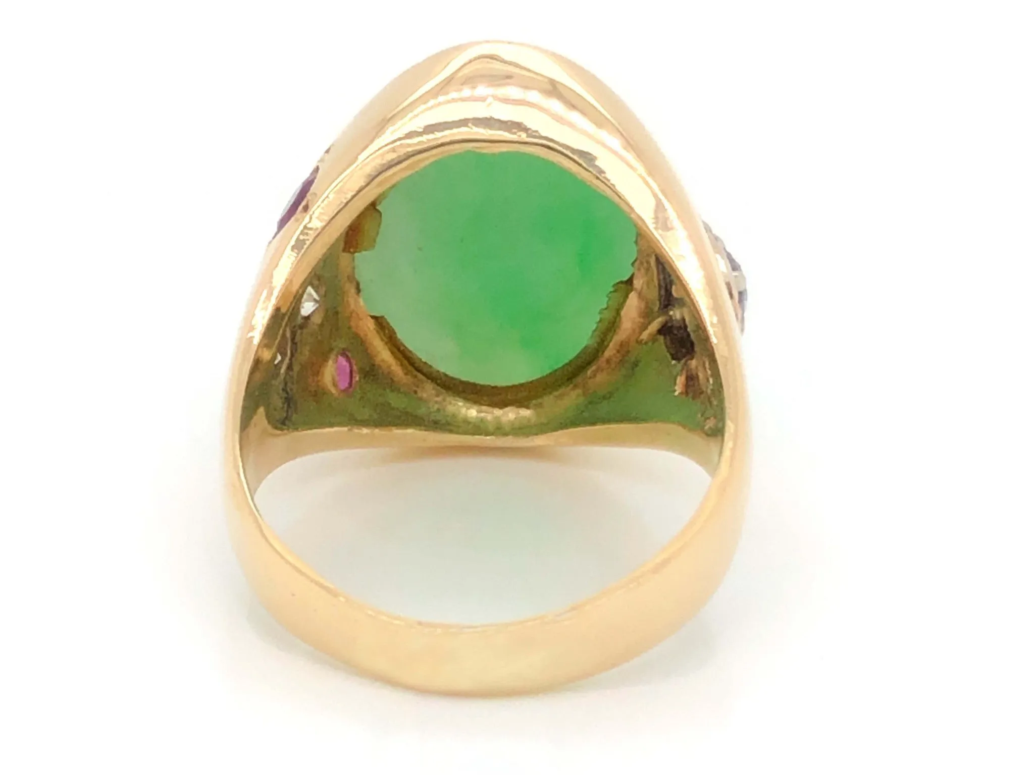 Men's Oval Pale Mottled Green Jade, Diamond and Ruby Ring - 14k Yellow Gold