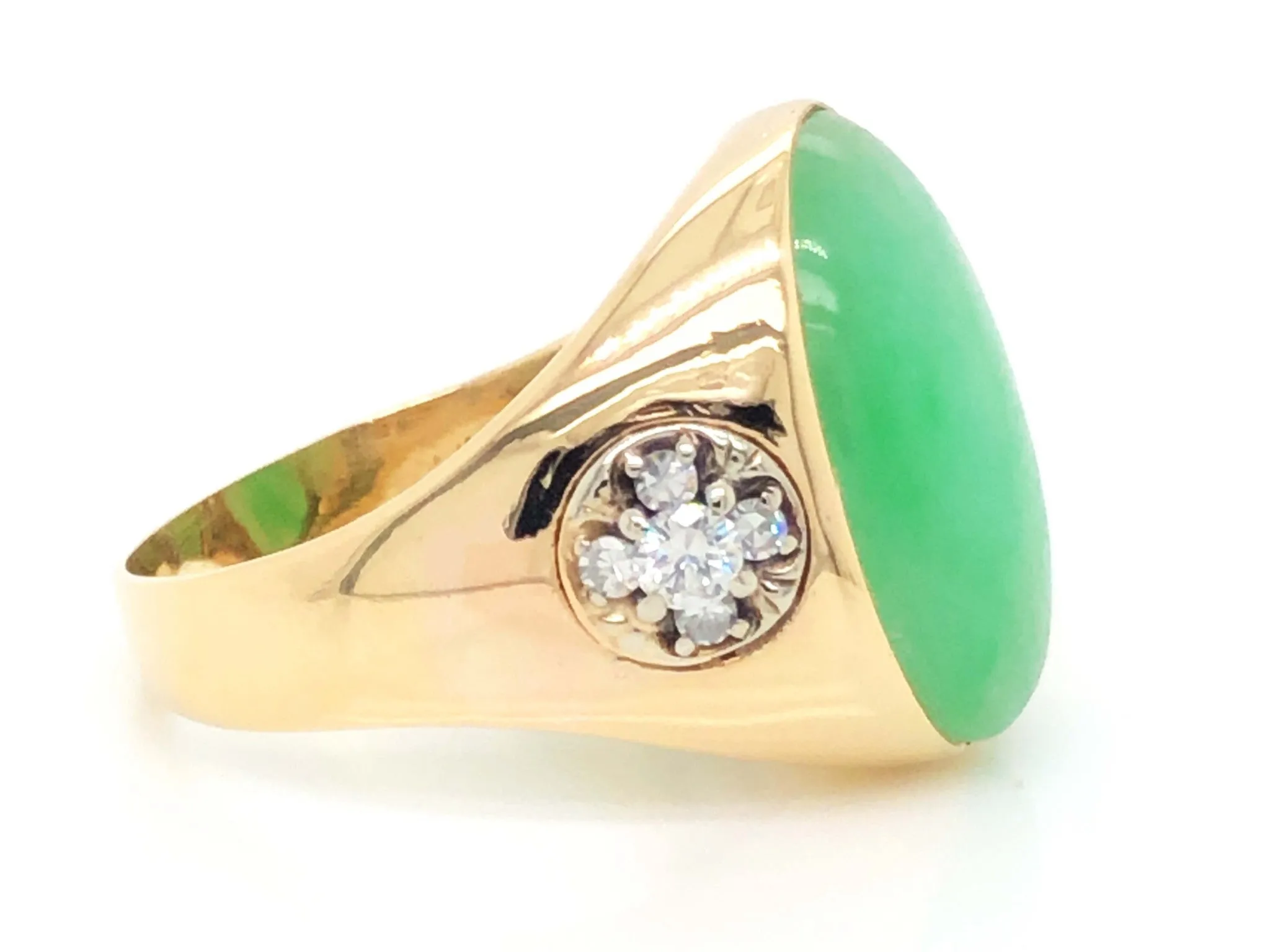 Men's Oval Pale Mottled Green Jade, Diamond and Ruby Ring - 14k Yellow Gold