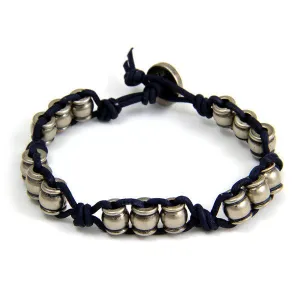 Mens Silver Collared Barrel Beads Pure Denim Leather Bracelet with Button Closure