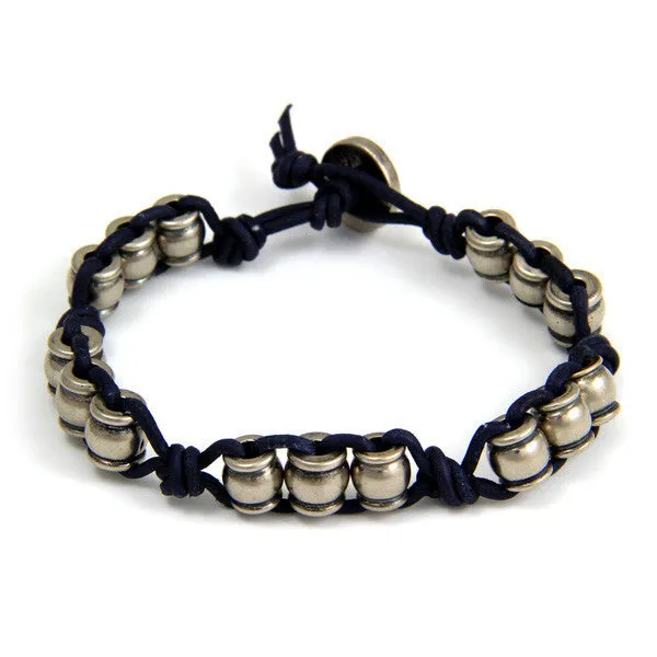 Mens Silver Collared Barrel Beads Pure Denim Leather Bracelet with Button Closure
