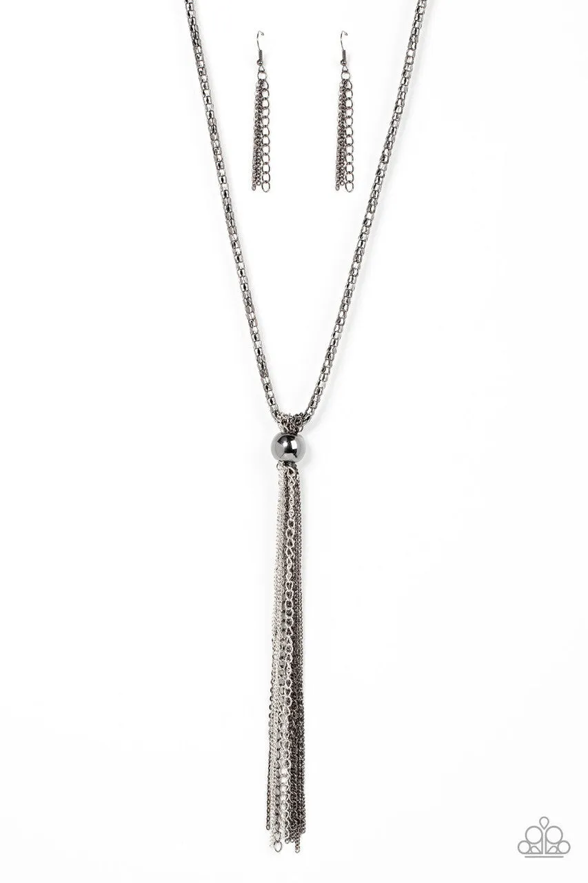 Metallic MESH-Up - Black - Gunmetal Tassel Paparazzi Long Necklace