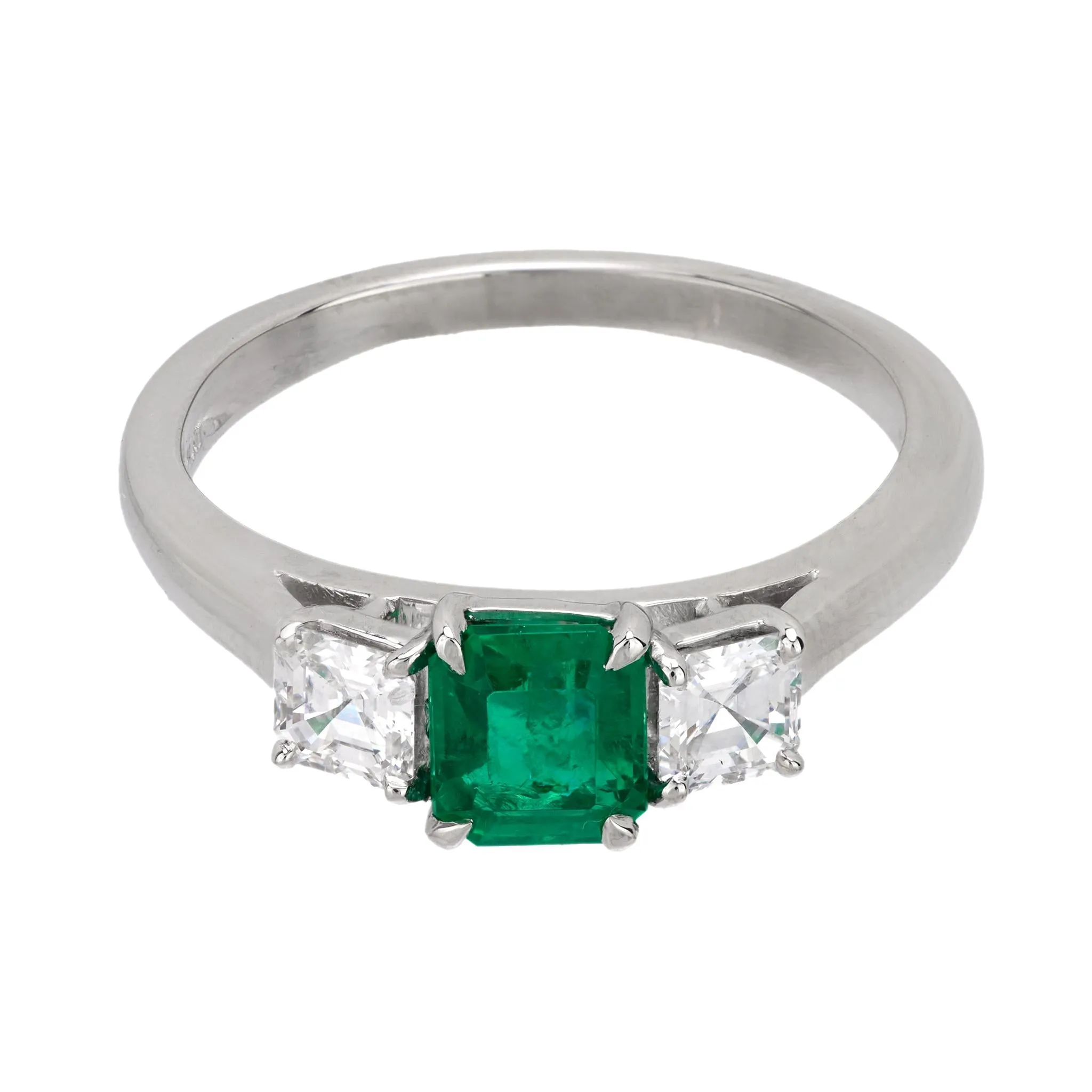 Mid Century emerald diamond platinum 3 stone ring
