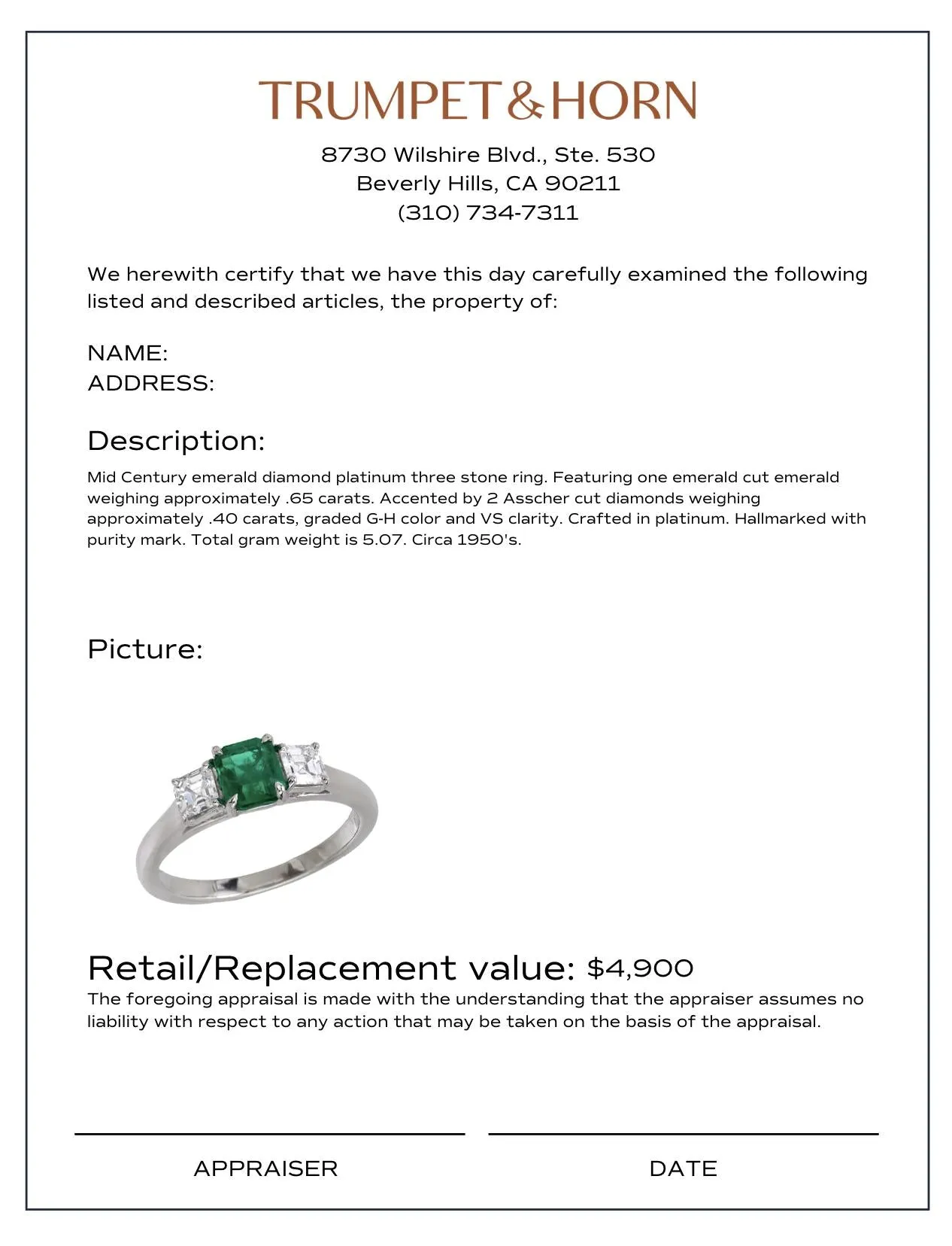 Mid Century emerald diamond platinum 3 stone ring