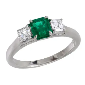 Mid Century emerald diamond platinum 3 stone ring