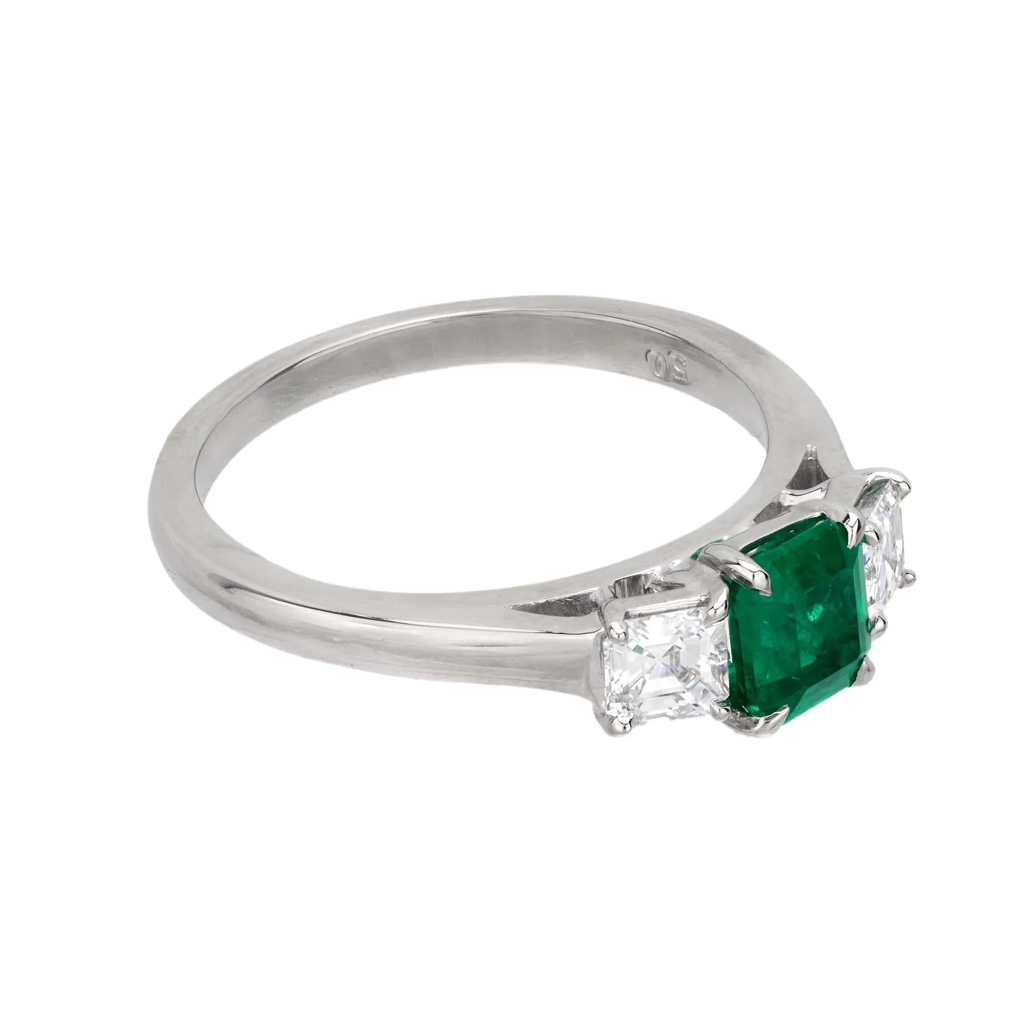 Mid Century emerald diamond platinum 3 stone ring