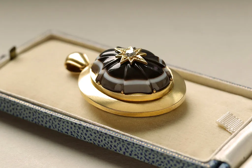 Mid-Victorian Banded Agate Diamond Gold Locket