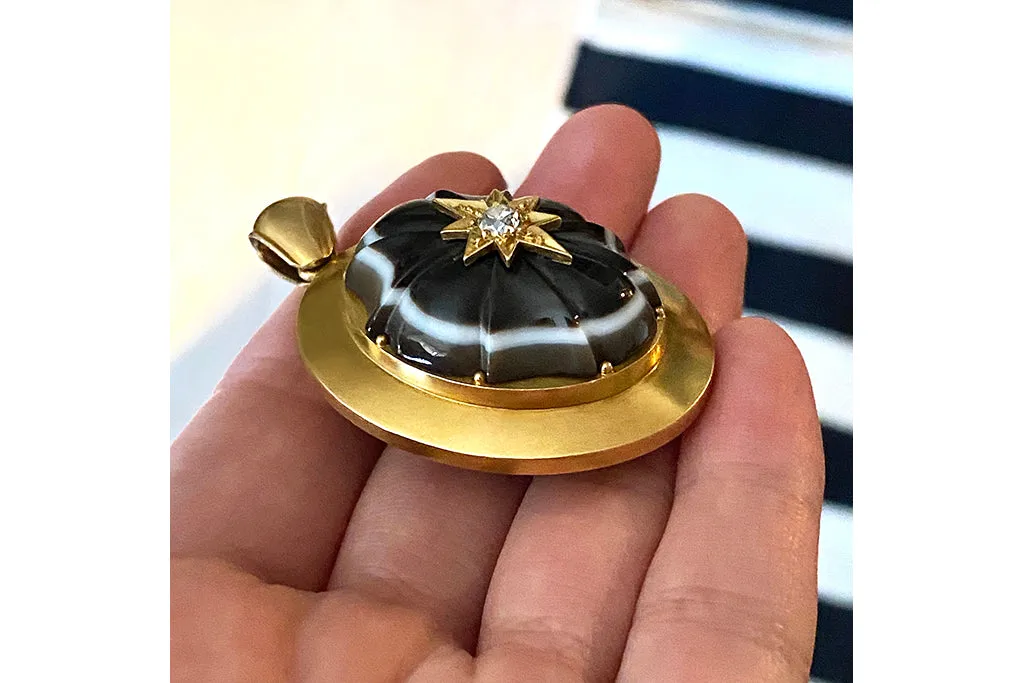 Mid-Victorian Banded Agate Diamond Gold Locket