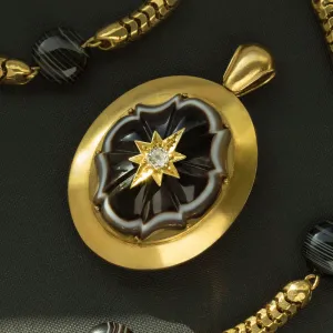 Mid-Victorian Banded Agate Diamond Gold Locket