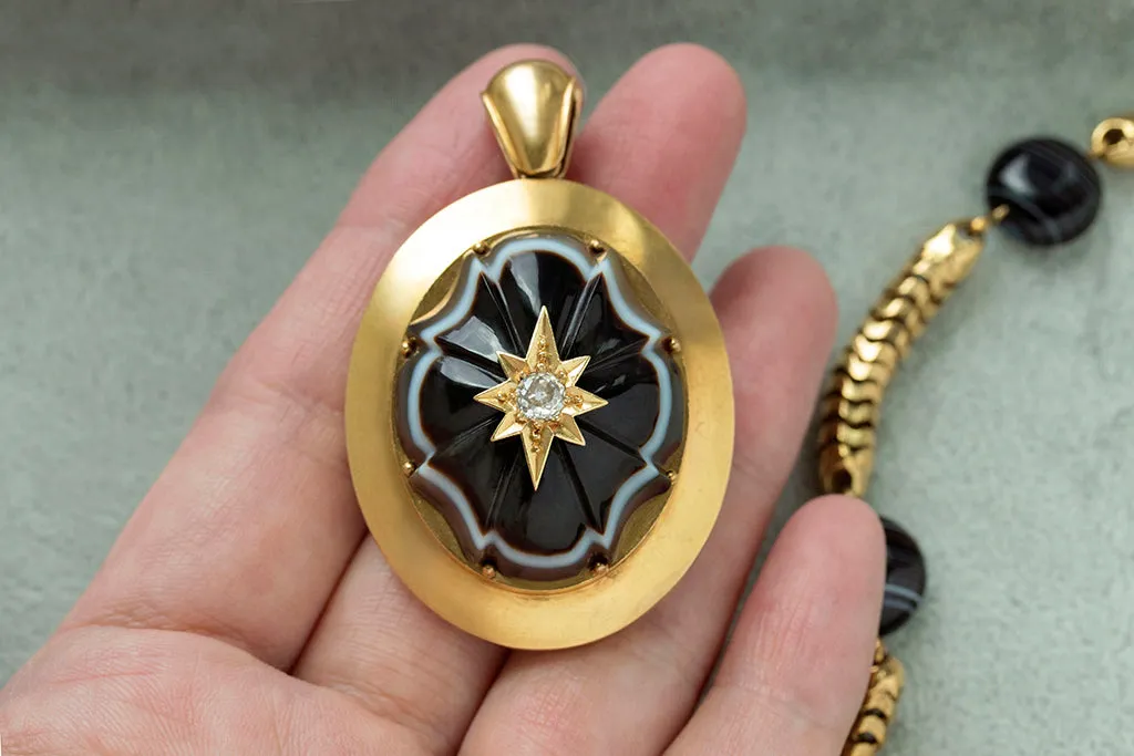 Mid-Victorian Banded Agate Diamond Gold Locket