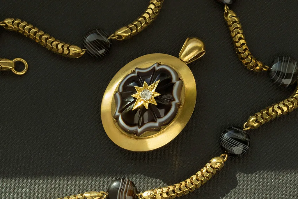 Mid-Victorian Banded Agate Diamond Gold Locket