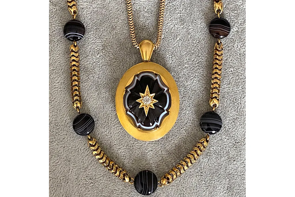 Mid-Victorian Banded Agate Diamond Gold Locket