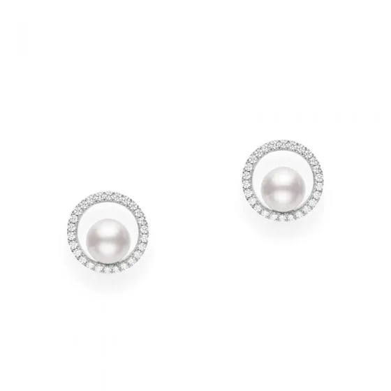 Mikimoto 18K White Gold Diamond Encircled Akoya Pearl Studs