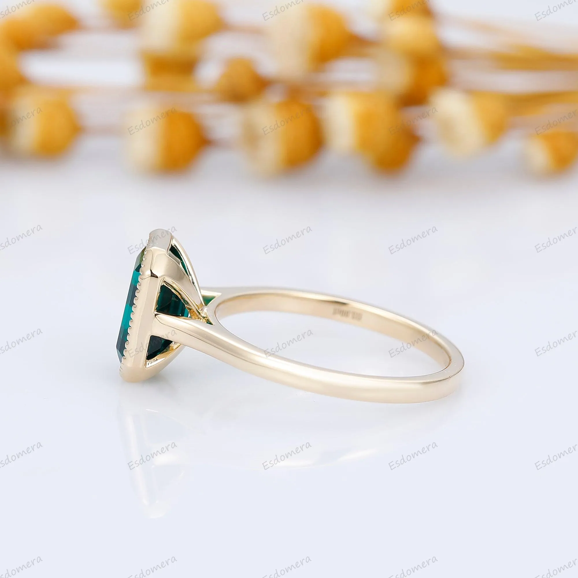 Milgrain Bezel Set 3CT Emerald Cut Green Emerald Engagement Ring